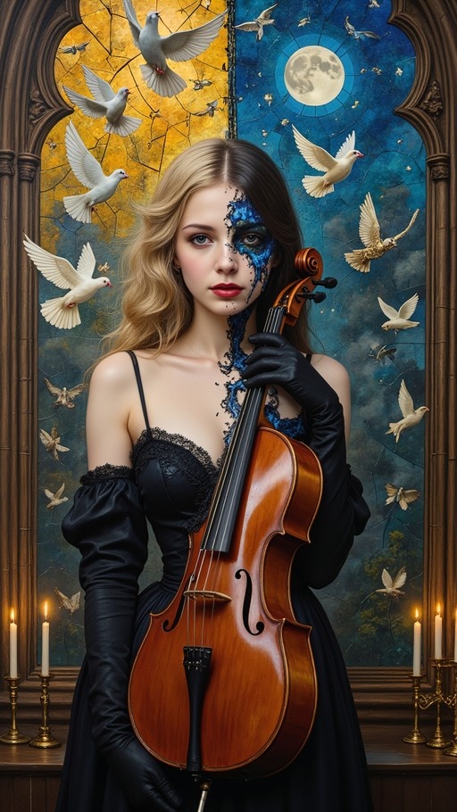 A woman with half blonde and half dark hair holds a cello in front of a split golden and blue stained-glass background filled with white doves and a full moon.