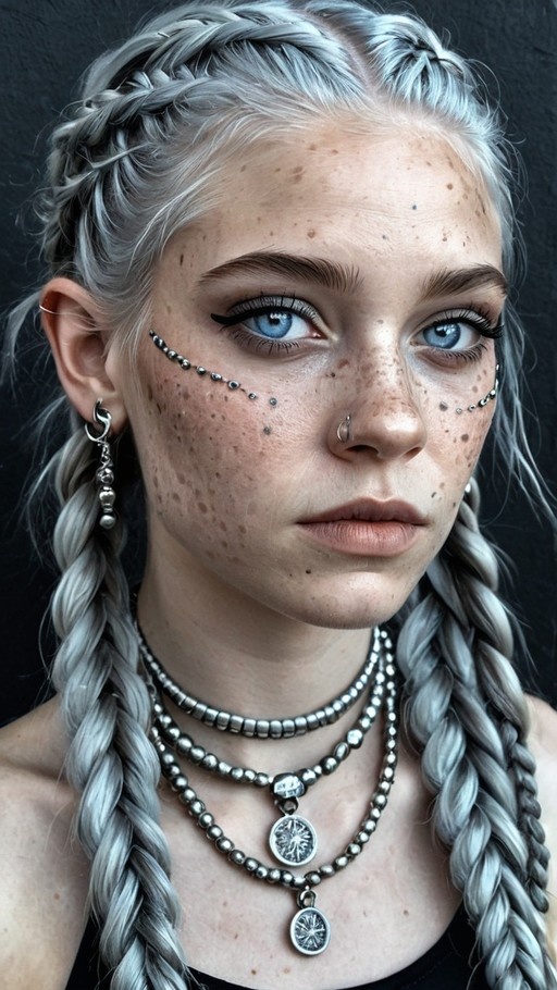 Close-up portrait of a freckled woman with silver twin braids, blue eyes, and silver face chains.