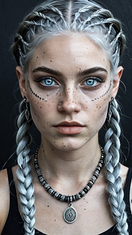 A realistic portrait of a woman with silver twin braids, blue eyes, and freckles wearing facial piercings and a beaded necklace against a black background.