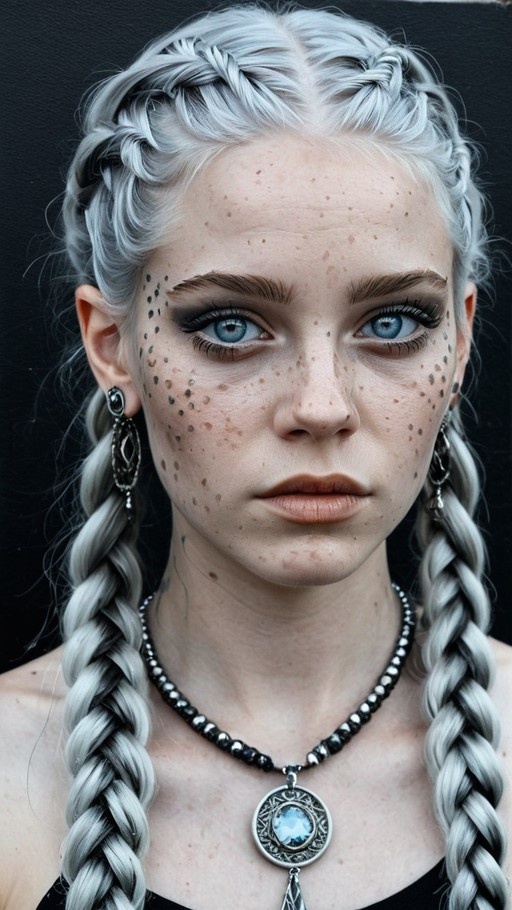 A realistic portrait of a young woman with silver twin braids, blue eyes, and freckles wearing a pendant necklace against a black background.
