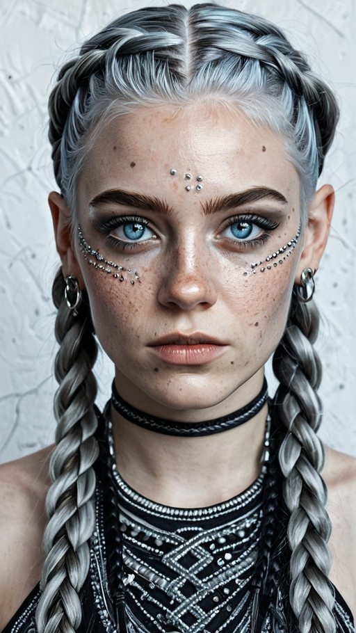 Close-up portrait of a woman with silver twin braids, blue eyes, freckles, and multiple facial piercings including forehead studs.