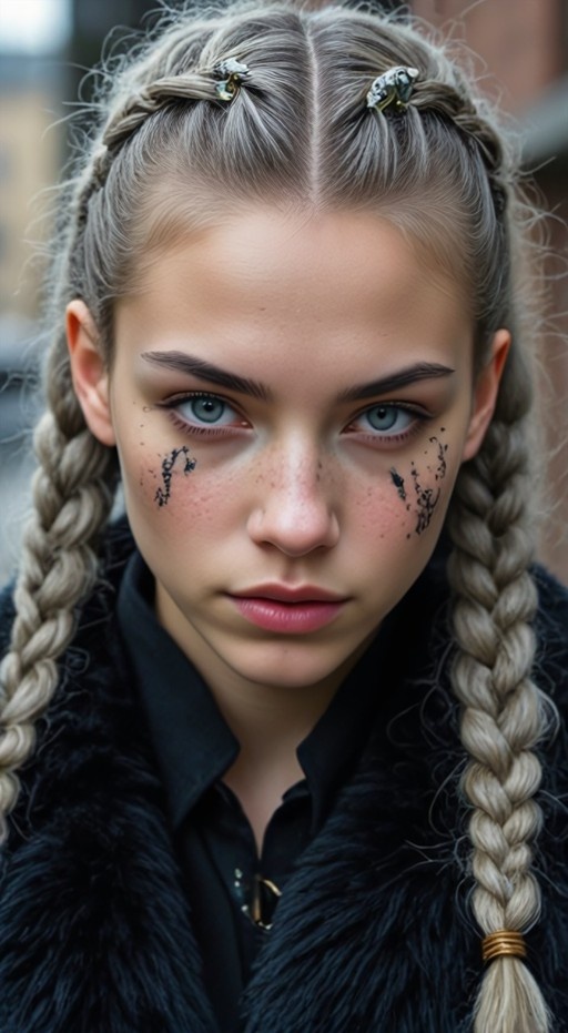 A realistic portrait of a young woman with light grey hair in twin braids and dark markings under her eyes, wearing a black fur coat.
