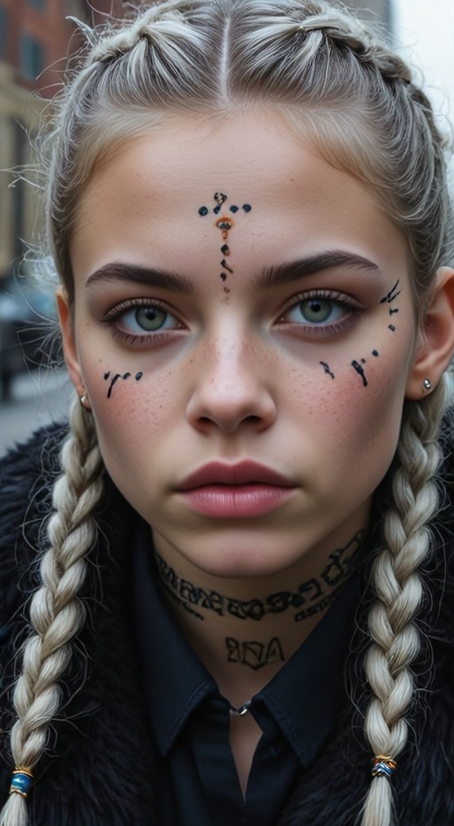 A close-up realistic portrait of a young woman with blonde hair in twin braids, green eyes, and freckles, featuring distinctive black tribal markings on her face and visible tattoos on her neck.