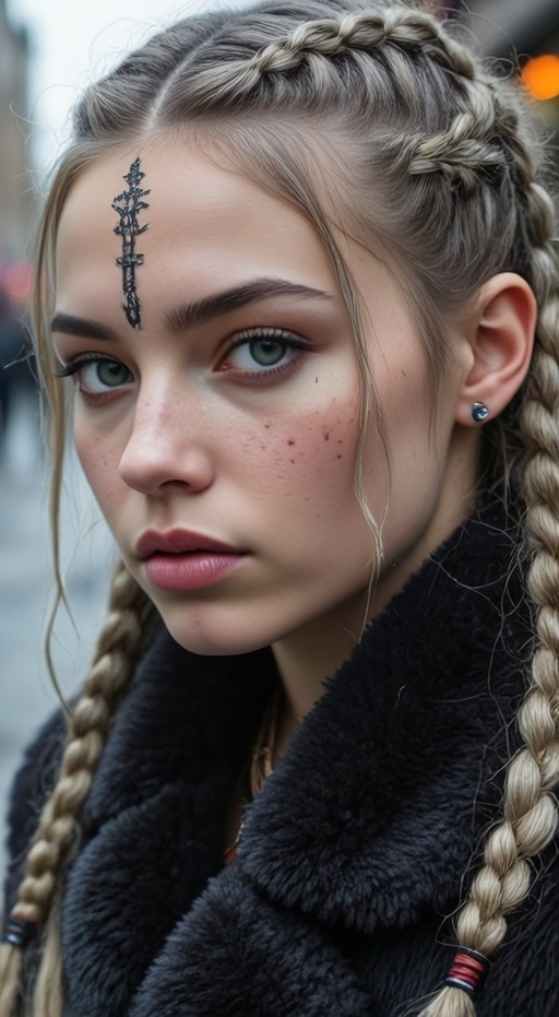 Close-up of a young woman with long blonde hair in twin braids, green eyes, and freckles, wearing a dark fur-collared coat and displaying a black vertical symbol on her forehead.