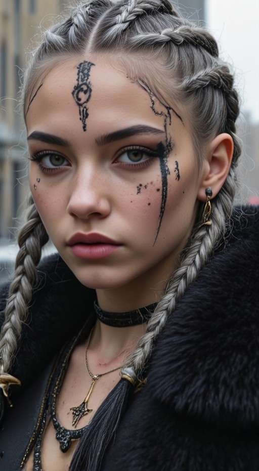 Close-up portrait of a young woman with grey twin braids and black facial markings wearing a fur-collared coat.