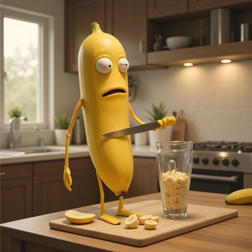 A surprised 3D animated banana character holding a knife over a cutting board with sliced bananas in a kitchen.