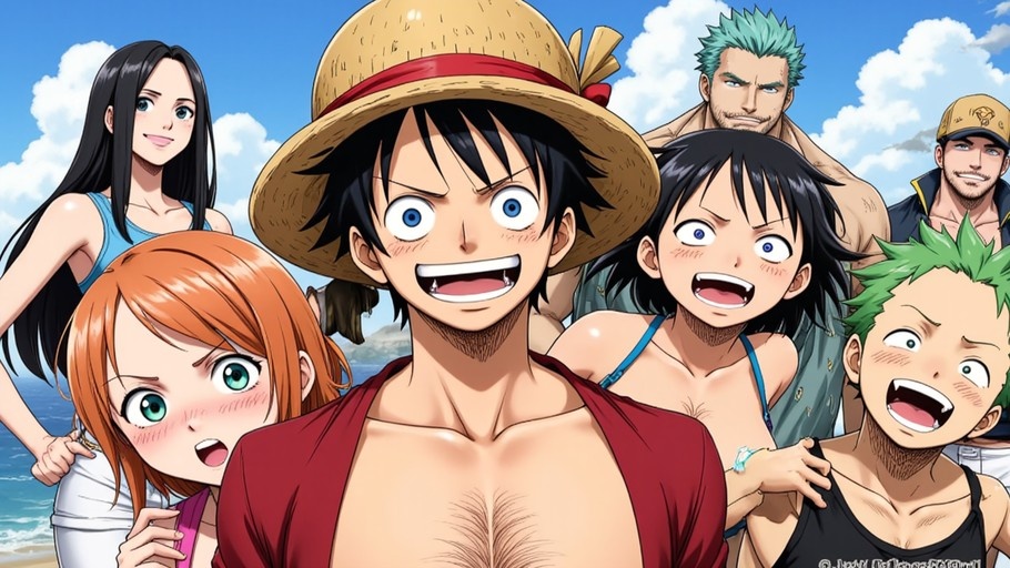 Monkey D. Luffy with a beard and straw hat stands centrally among crew members including Nami, Nico Robin, and Roronoa Zoro on a sunny beach.