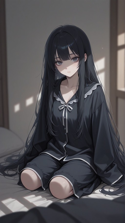 An anime girl with long black hair and grey eyes sits on a bed wearing black pajamas with white trim, looking at the viewer in a sunlit room.