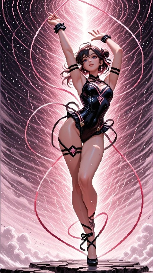 A full-body pixel art style illustration of a girl with black hair in a bun wearing a shiny black leotard and high heels, posing with arms raised against a swirling pink background.