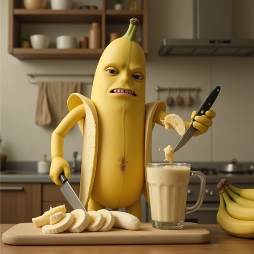 An anthropomorphic banana character holding two knives stands in a kitchen, slicing bananas on a wooden cutting board next to a glass mug of smoothie.