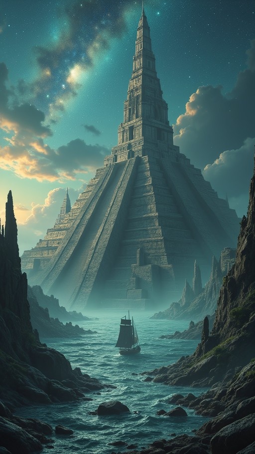 A colossal ancient stone pyramid rises from the ocean, framed by rocky cliffs as a sailboat approaches under a teal starry sky.
