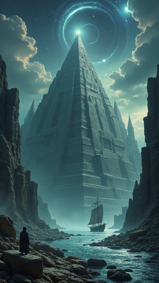 A lone cloaked figure stands on rocky terrain overlooking a massive stone pyramid and a sailing ship beneath a night sky filled with swirling stars.