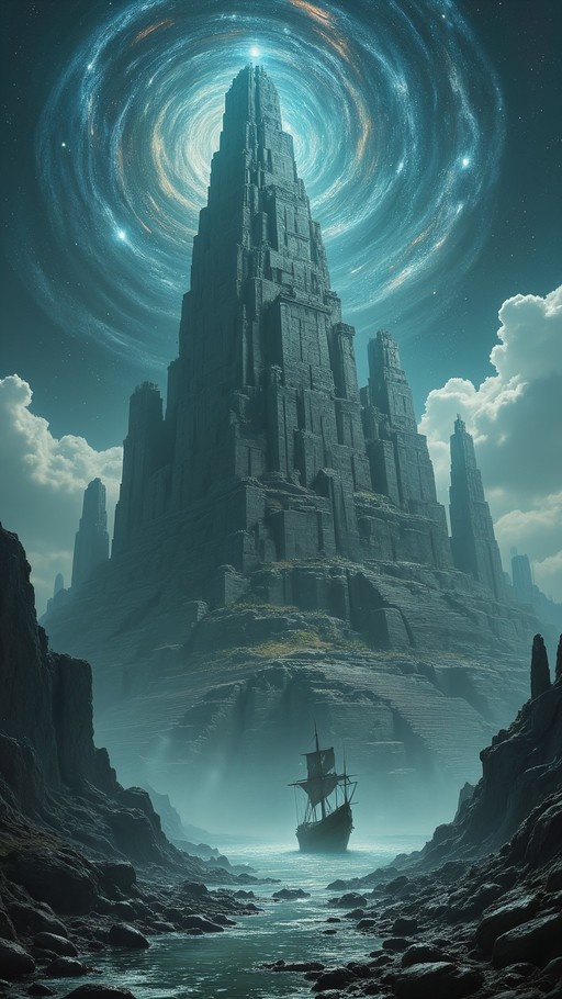A small sailing ship navigates a rocky channel toward a massive ancient tower under a swirling blue galaxy.