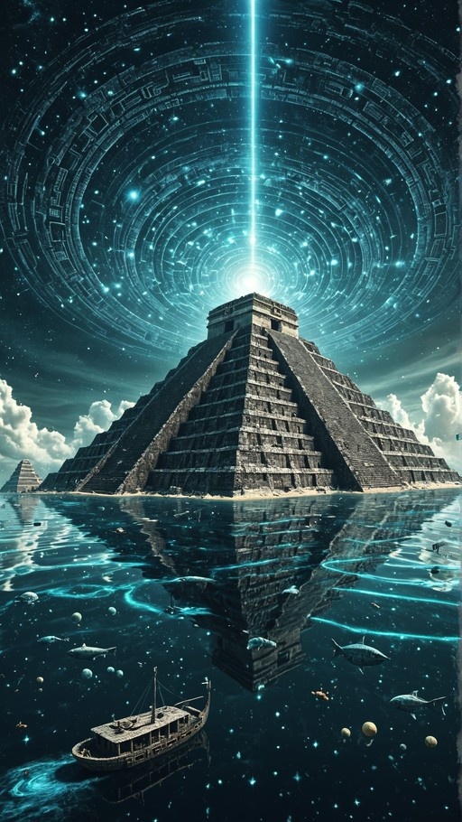 A large stepped pyramid stands in water under a swirling galaxy with a bright light beam shining down, while fish and floating planets surround a small wooden boat.