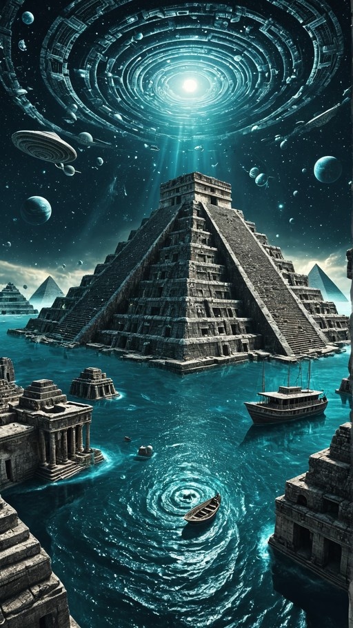 A massive ancient stepped pyramid rises from swirling turquoise waters surrounded by ruins, sailing ships, and a small rowboat under a starry sky dominated by a giant circular alien structure.