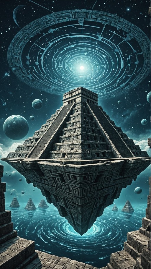 A large stone pyramid floats upside down in a starry sky above a swirling blue ocean with smaller pyramids nearby.