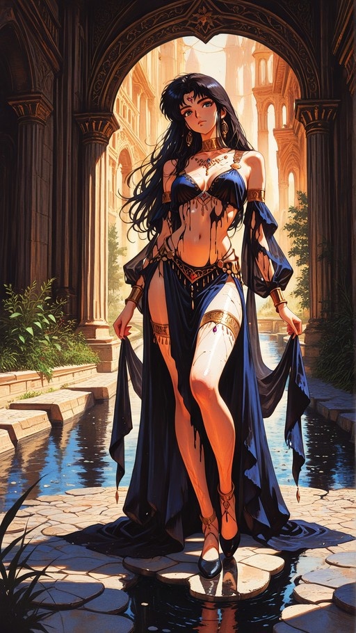 A full-body illustration of Rei Hino wearing a dark blue Arabian-style outfit with gold accessories, standing on stepping stones over water in a sunlit palace courtyard.