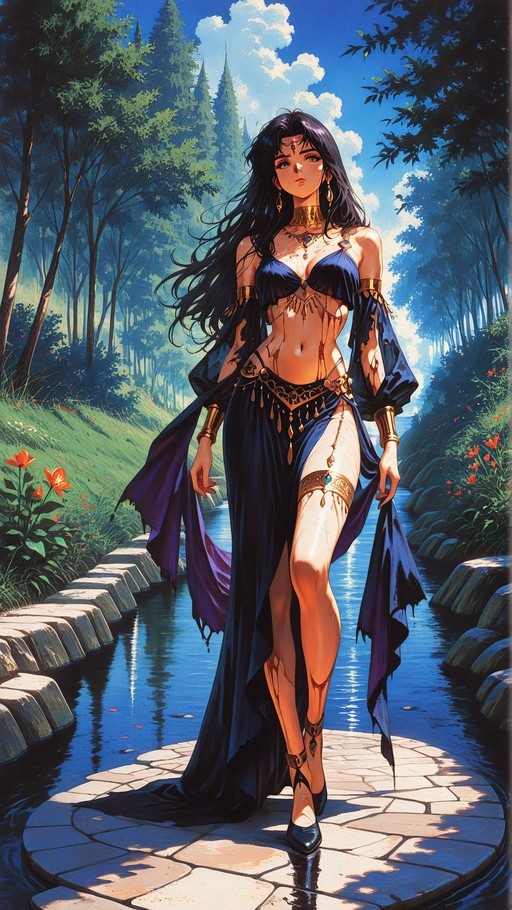 A full-body digital illustration of a woman with long black hair and a gold circlet, wearing a blue fantasy outfit with gold jewelry, walking on a stone path by a stream in a forest.