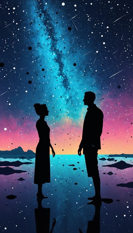 Silhouette of a couple standing on water reflecting a vibrant starry night sky with shooting stars and mountains in the distance.