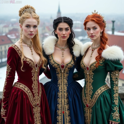 Three women in elaborate medieval red, blue, and green velvet gowns with gold embroidery and white fur trim standing outdoors overlooking a historic city.