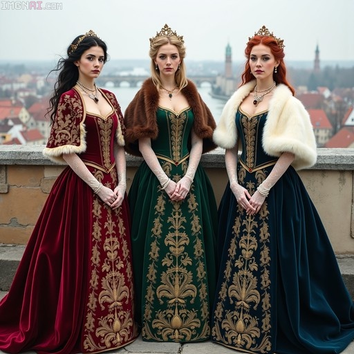 Three women wearing crowns and fur stoles stand on a balcony in red, green, and blue velvet gowns with gold embroidery.
