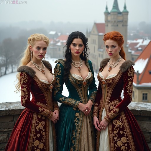 Three women in red and green medieval velvet dresses standing on a snowy balcony with a castle in the background.