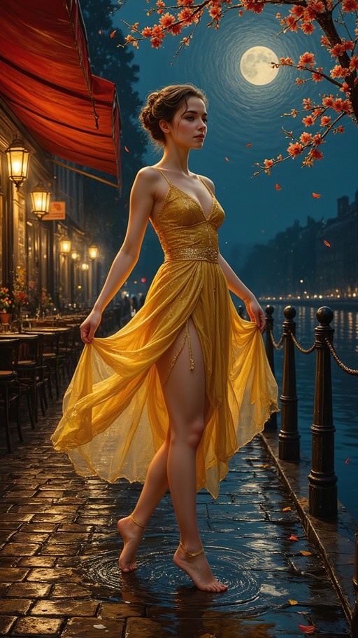 A woman in a yellow dress walks barefoot on wet cobblestones near water under a full moon.