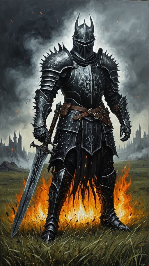 A knight in black spiked armor holding a sword standing in fire with a castle in the background.