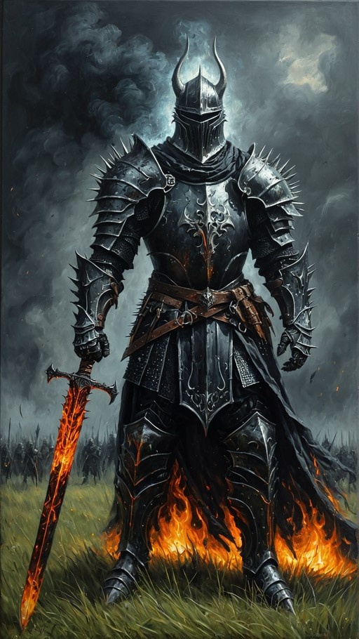 A full-body digital painting of a knight in ornate black spiked armor and a horned helmet, holding a large sword engulfed in flames while standing on a grassy field with fire at his feet.