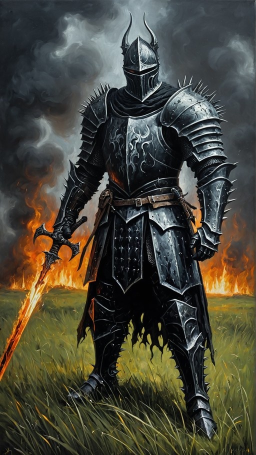 A knight in black spiked armor and a horned helmet stands in a grassy field holding a flaming sword with fire in the background.
