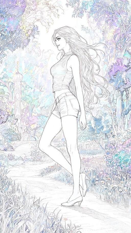 A digital illustration of a young woman with long hair walking in profile through a garden with pastel watercolor trees.