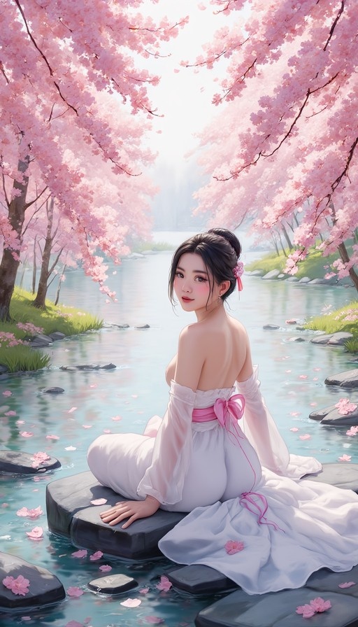 A young woman with dark hair in a bun sits on a rock in a river wearing a white off-shoulder dress and looking back at the viewer under blooming cherry blossom trees.
