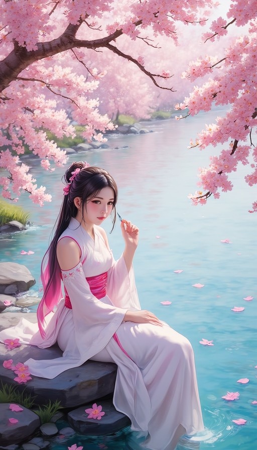 A young woman with dark hair and pink tips sits on rocks by a stream under blooming cherry blossom trees, holding a small blue object while her feet rest in the water.