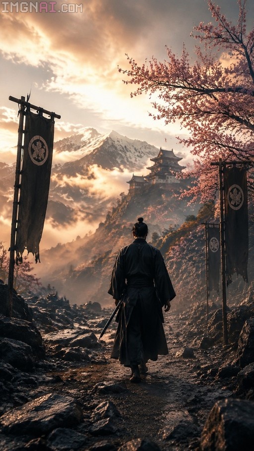 A lone samurai in dark robes carrying a katana walks along a rocky path toward a distant mountain castle, framed by pink cherry blossom branches and tattered banners under a golden sunset.