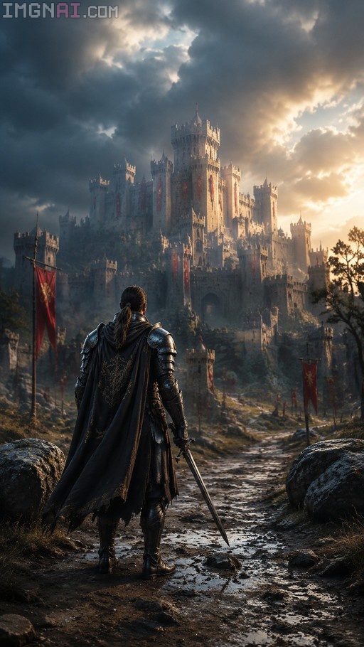 A view from behind of a male knight in armor and a dark cape holding a sword, standing on a path looking toward a large castle on a hill under a cloudy sky with sunlight breaking through.