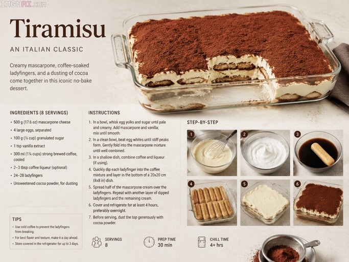 An infographic showing a classic Italian Tiramisu recipe with a large glass dish of the layered dessert dusted in cocoa powder, accompanied by ingredients, instructions, and six step-by-step preparation photos.