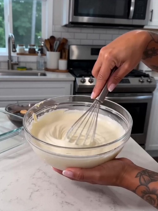 A woman whisks a creamy mixture in a glass bowl, dips ladyfinger cookies into dark liquid, layers them in a dish, spreads the cream topping, and dusts with cocoa powder.