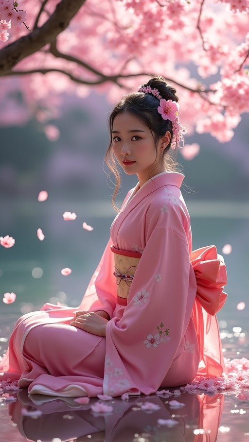 A young Asian woman in a pink floral kimono sits by the water with cherry blossom petals falling around her.