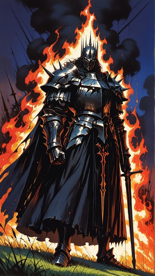 A dark fantasy knight in spiked black plate armor holding a sword stands on grass with large fires burning behind him.