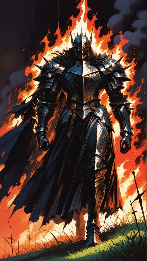 A knight in dark spiked plate armor and a horned helmet stands on a grassy field with a large fire burning behind him.