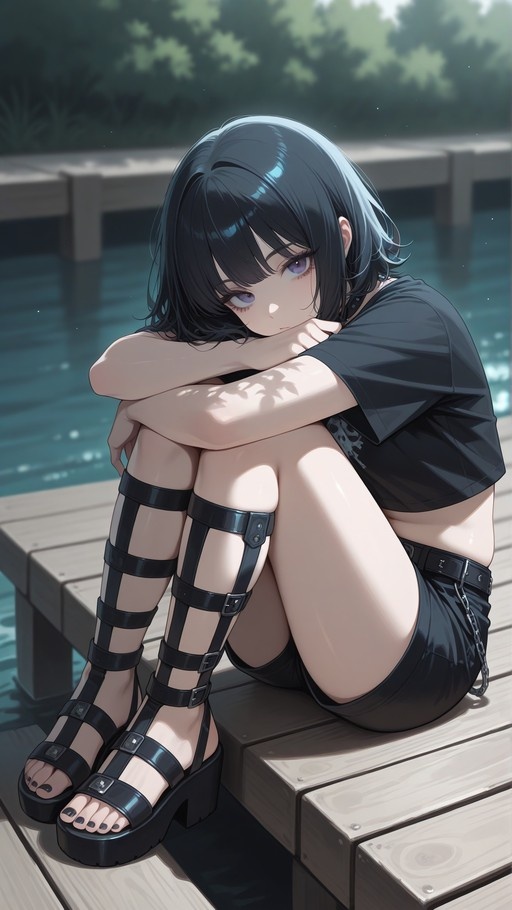 Anime girl with short black hair and purple eyes sitting on a wooden dock by the water, hugging her knees in a black outfit and platform sandals.
