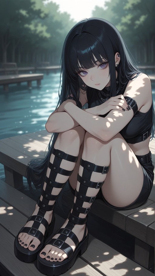 Anime girl with black hair and purple eyes sitting on a wooden dock wearing strappy sandals.