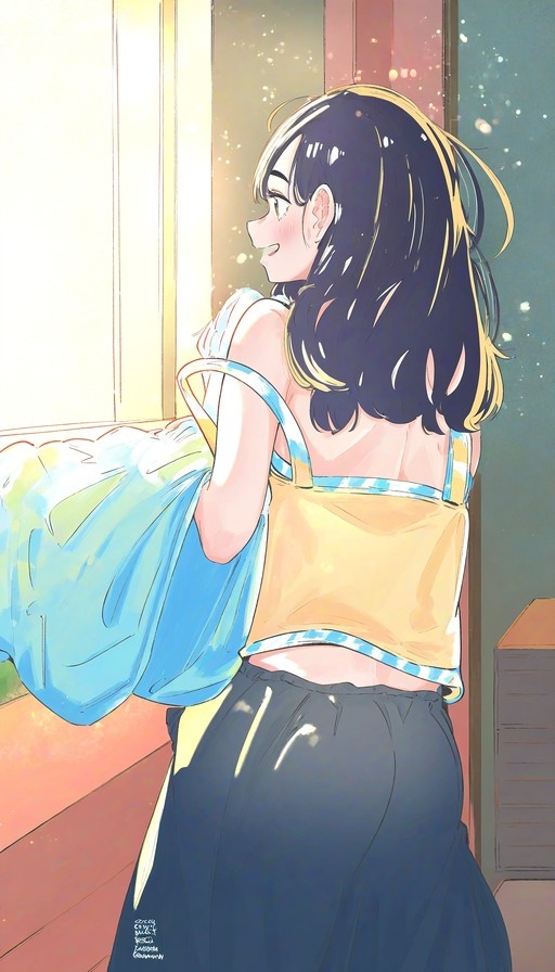 A smiling anime girl with dark hair and blonde streaks stands by a sunny window in a yellow top and black skirt, holding a blue bag while looking over her shoulder.