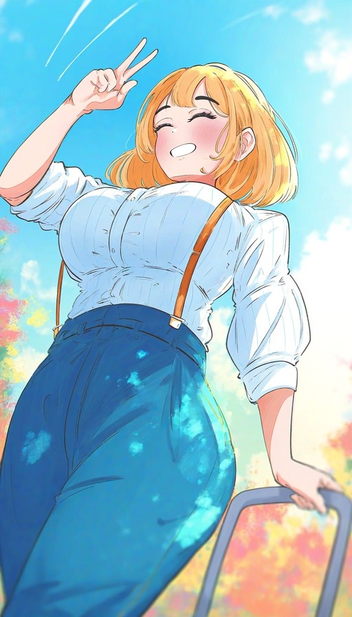 A low-angle shot of a happy blonde anime girl in a white shirt and brown suspenders making a peace sign against a bright blue sky with colorful background foliage.