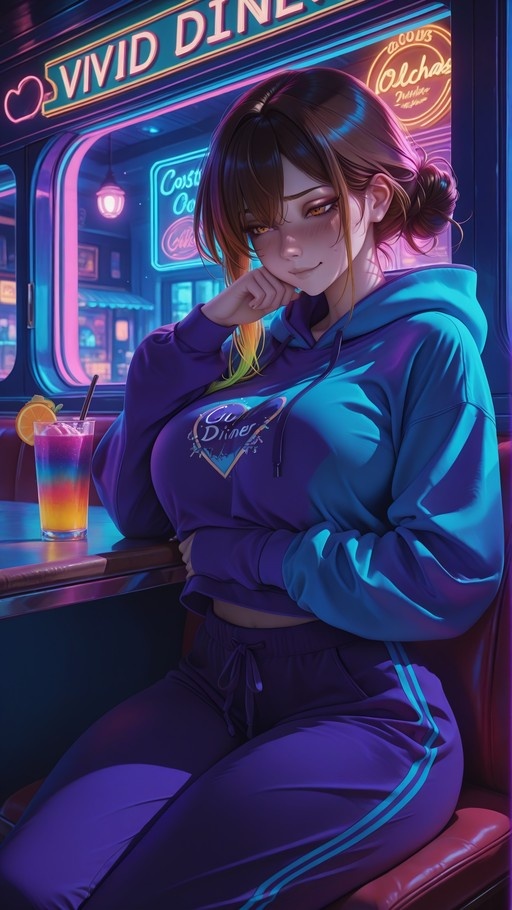 An anime-style woman with brown hair in a bun sits at a diner counter wearing a blue hoodie and sweatpants, smiling next to a tall glass of layered fruit juice garnished with an orange slice under neon signs.