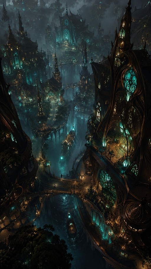 Aerial view of a dark fantasy cityscape featuring bioluminescent Art Nouveau architecture with organic curves and brass details along a canal at night.