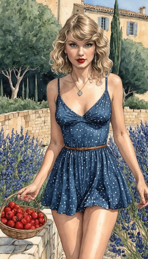 Taylor Swift in a blue polka dot dress holding a basket of red fruit in a garden with blue flowers