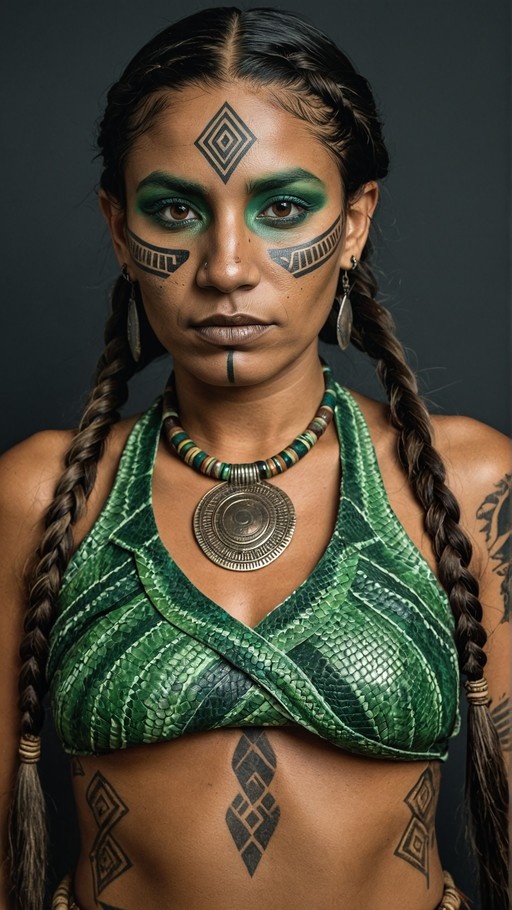 A dark-skinned woman with twin braids wears a green snakeskin halter top and large necklace, featuring intricate tribal tattoos on her forehead, cheeks, and stomach, along with bold green eyeshadow.