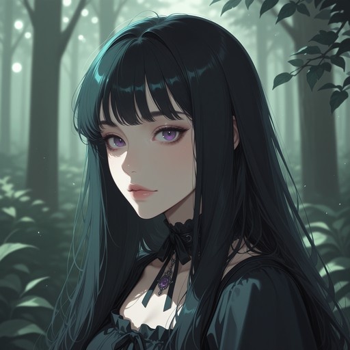 Anime girl with long black hair and purple eyes wearing a black choker with a gem pendant in a forest setting.
