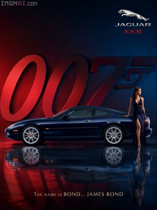A woman in a long dark dress stands next to a blue Jaguar XKR in front of a large red 007 logo.